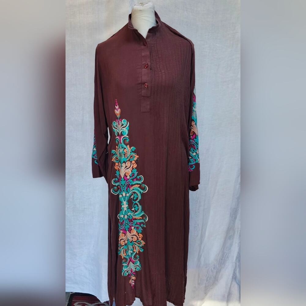 Embroidered Longsleeve Pintuck Sz Large Brown Cotton Blend Kaftan